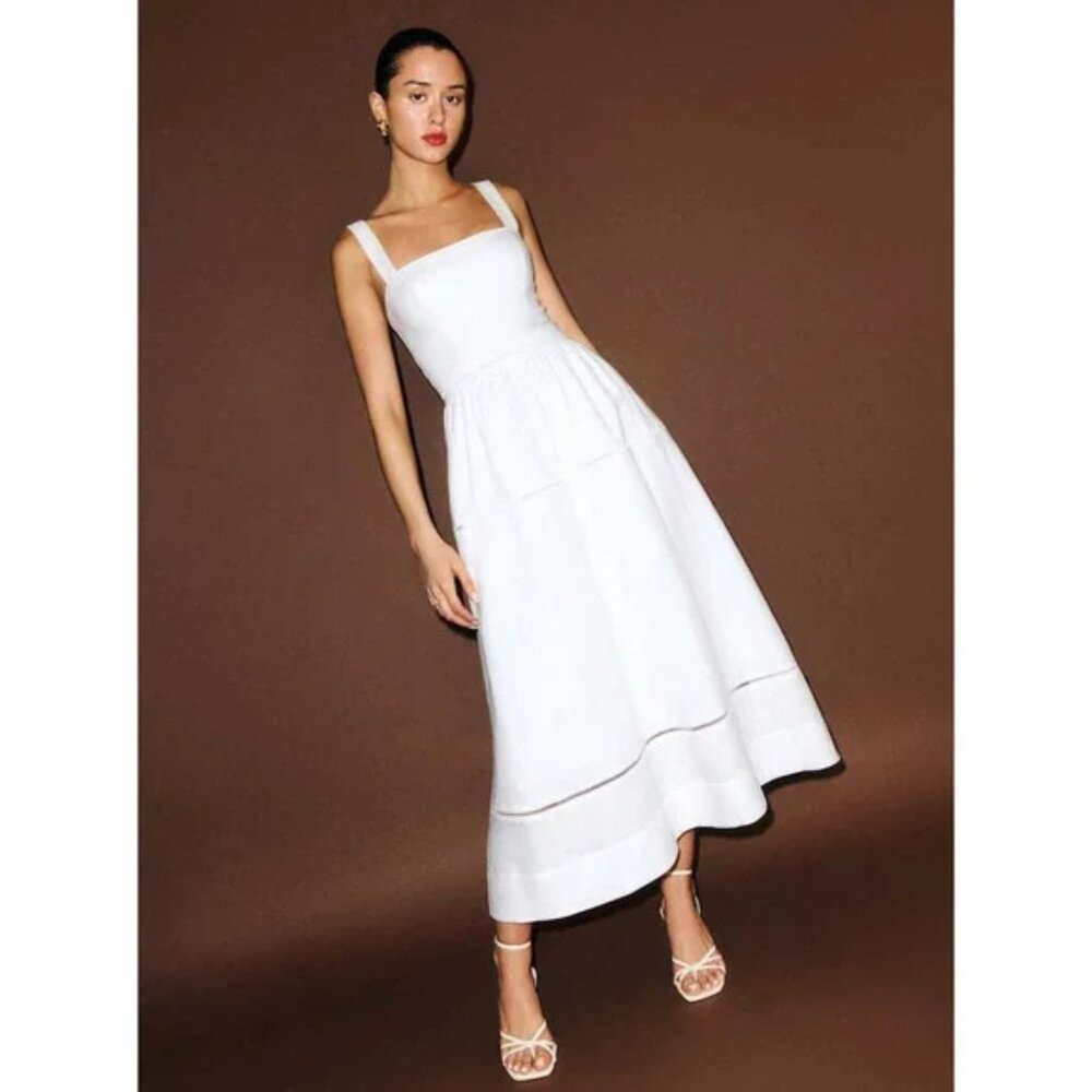 Reformation White Tiered Square-Neck Midi Dress